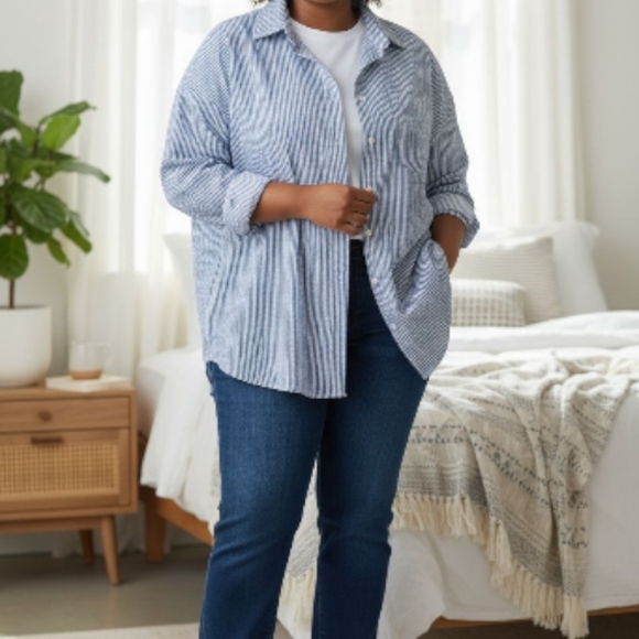 Blue And White Button Down Pin Striped Shirt XXL - Picture 2 of 8